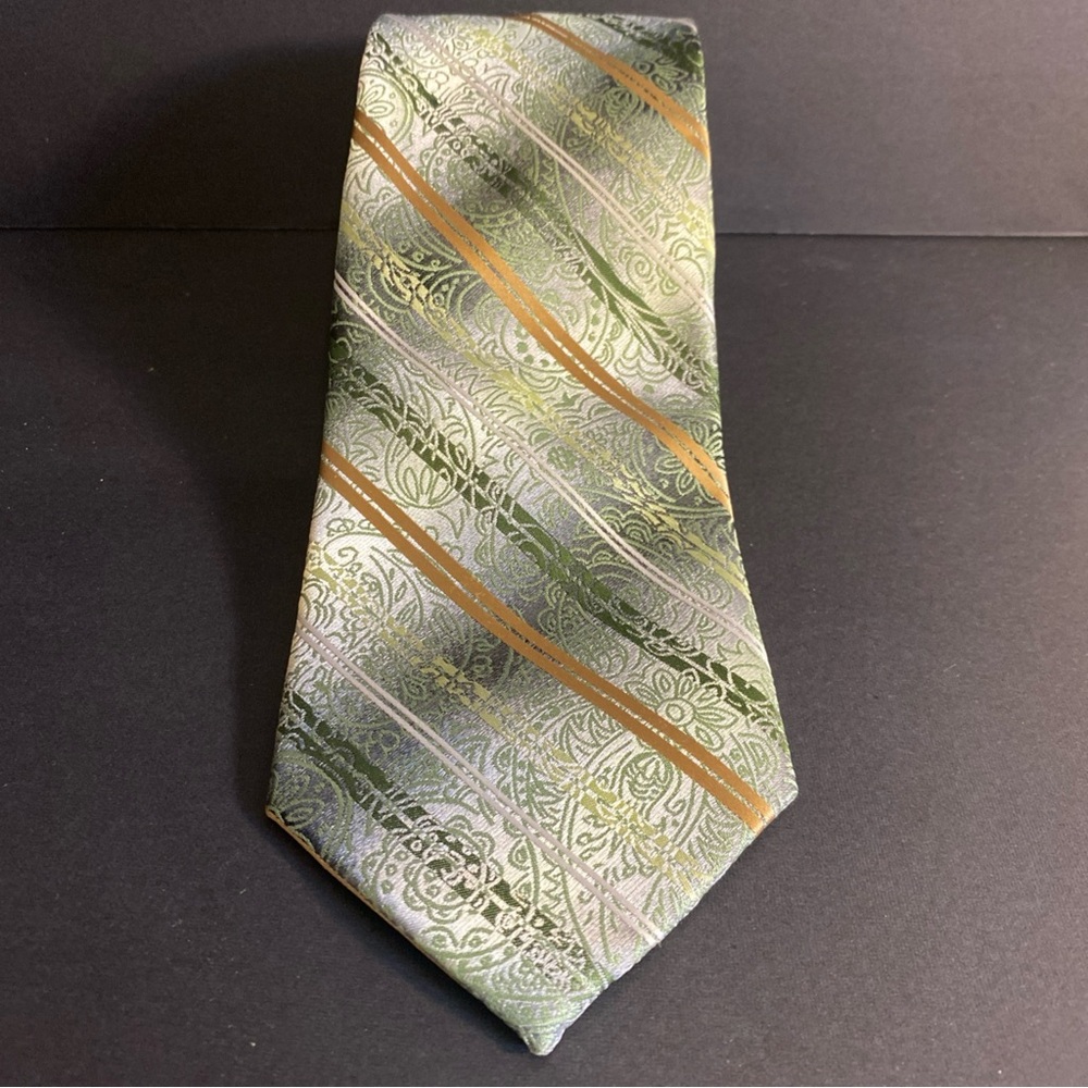 Van Heusen 100% Polyester Green‎ Gold White Striped Paisley Neck Tie